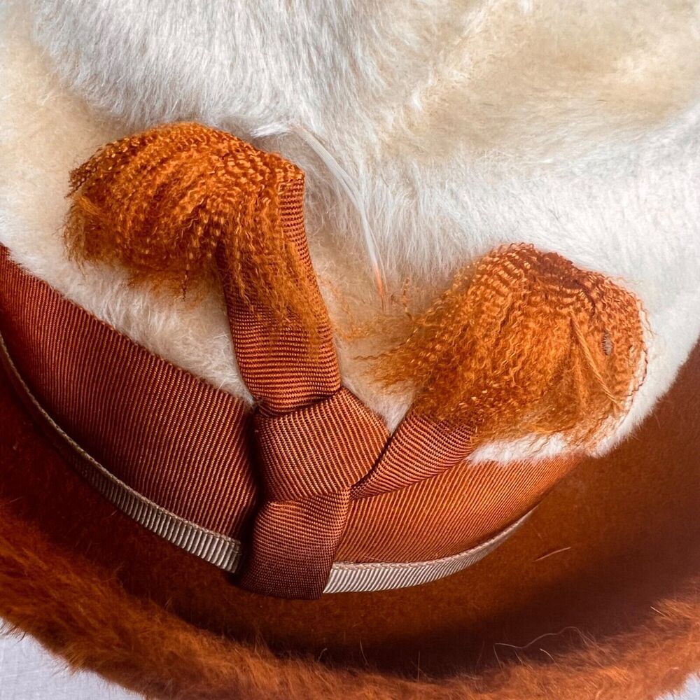 Vintage 60s Pinched Crown Fuzzy Fedora Hat 2 Tone White Rust Breton Mod Bellini - Picture 8 of 14